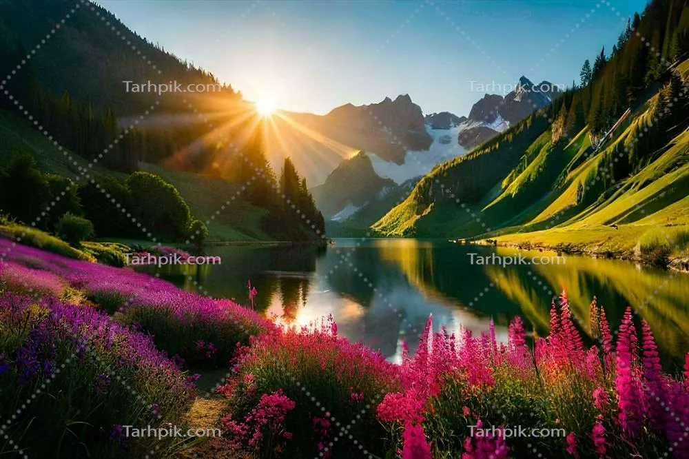 عکس طلوع آفتاب بر فراز کوه ها و گل های زیبا در پیش زمینه