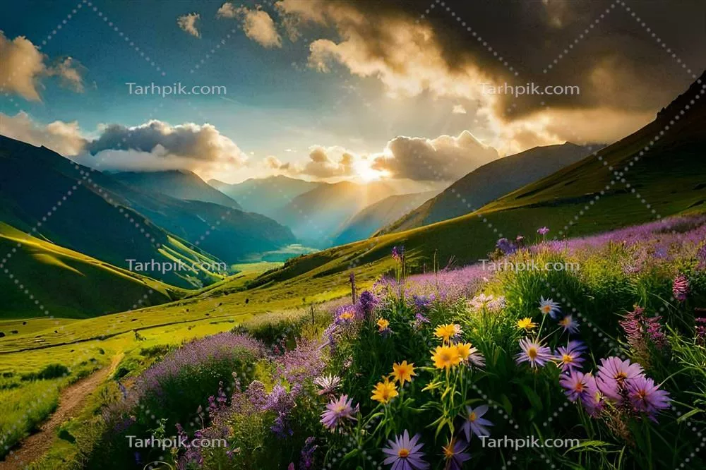 عکس نور خورشید بر روی گل ها در کوهستان ها می تابد و زیبایی را به ارمغان می آورد