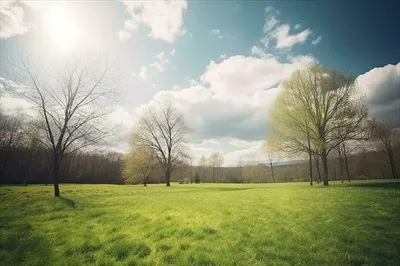 عکس تصویری زیبا از طبیعت بهاری با چمن های مرتب و آسمان آبی