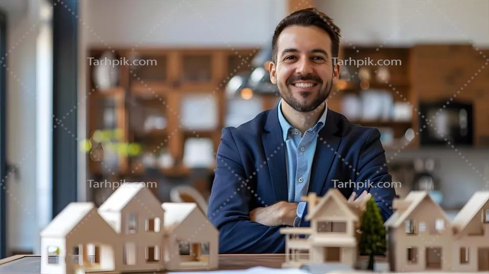 عکس بررسی مدل های مسکونی توسط مشاور املاک شاد و پرانرژی در دفتر کار