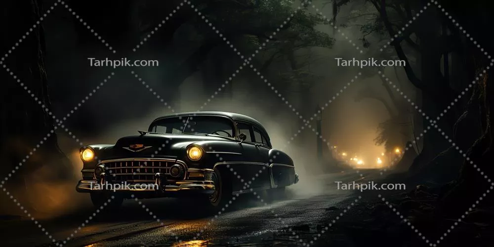 عکس خودروی کلاسیک و قدیمی در جاده ای مه آلود و مرموز در دل جنگل