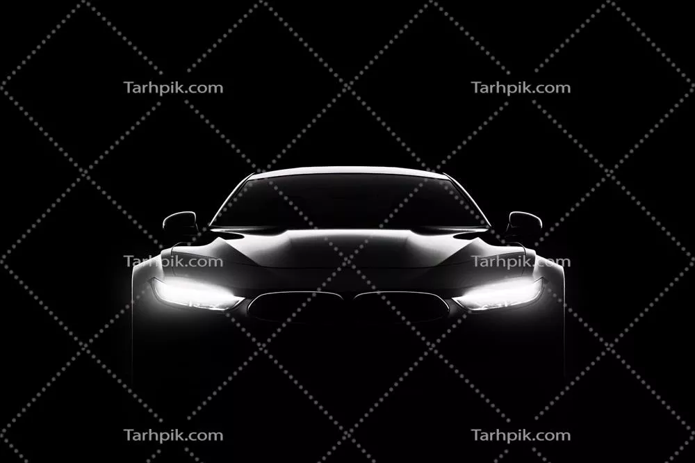 عکس نمای جلو از سیلوئت تاریک یک خودروی لوکس مدرن در پس زمینه سیاه