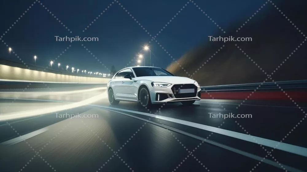 عکس تصویری از یک خودروی سفید رنگ با سرعت بالا در حال حرکت بر روی جاده