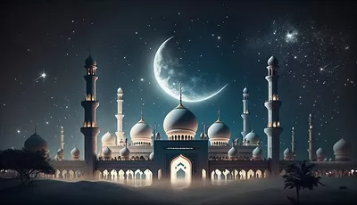 عکس تصویری زیبا از یک مسجد اسلامی با پس زمینه ای از ماه هلال