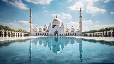 عکس مسجد زیبا در زیر آسمان آبی با طراحی معماری اسلامی