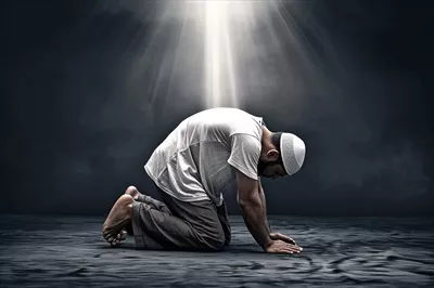 عکس مرد مسلمان در حال پشیمانی از تصمیماتش و جستجوی بخشش از خداوند در نور
