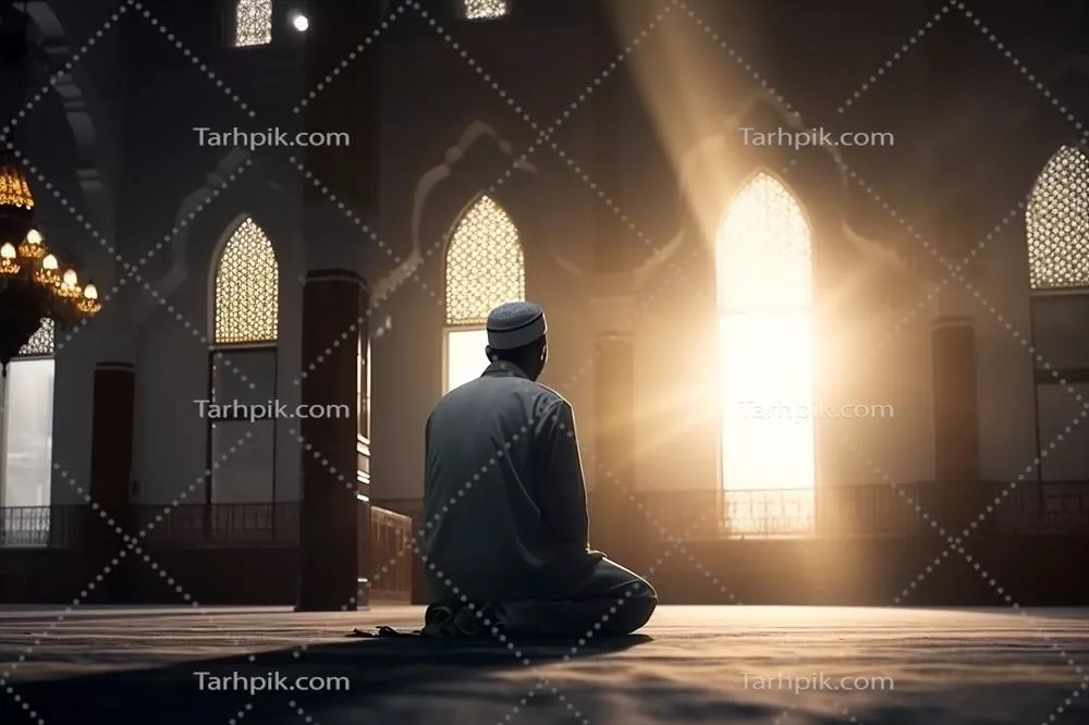 عکس نماز خواندن یک مرد مسلمان در مسجد با فضایی معنوی و دلنشین