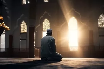 عکس نماز خواندن یک مرد مسلمان در مسجد با فضایی معنوی و دلنشین