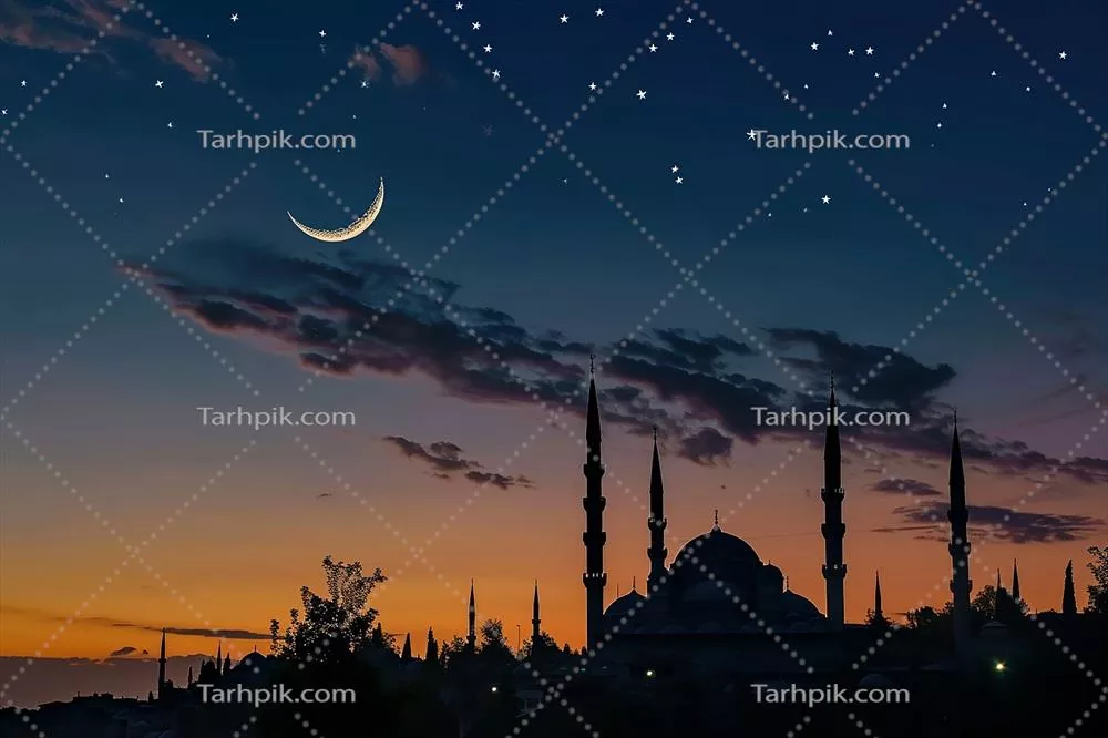 عکس تصویر زمینه اسلامی با سیلوئت مسجد در شب و ماه در آسمان آبی