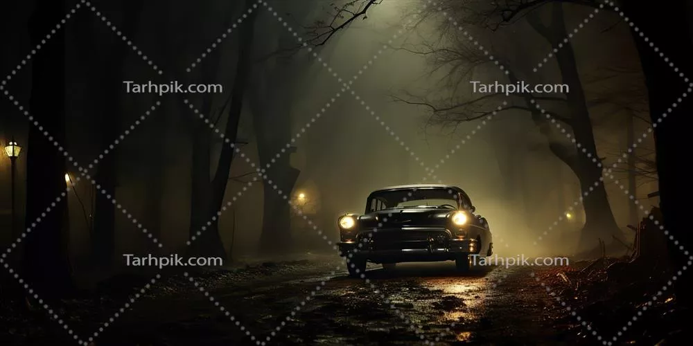 عکس خودروی کلاسیک و قدیمی در جاده ای مه آلود و مرموز در دل جنگل