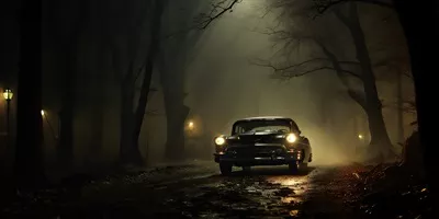 عکس خودروی کلاسیک و قدیمی در جاده ای مه آلود و مرموز در دل جنگل