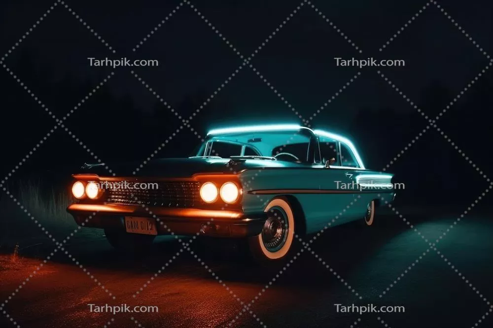 عکس خودروی کلاسیک و روشن با طراحی ریترو در شب - یک اثر هنری جذاب