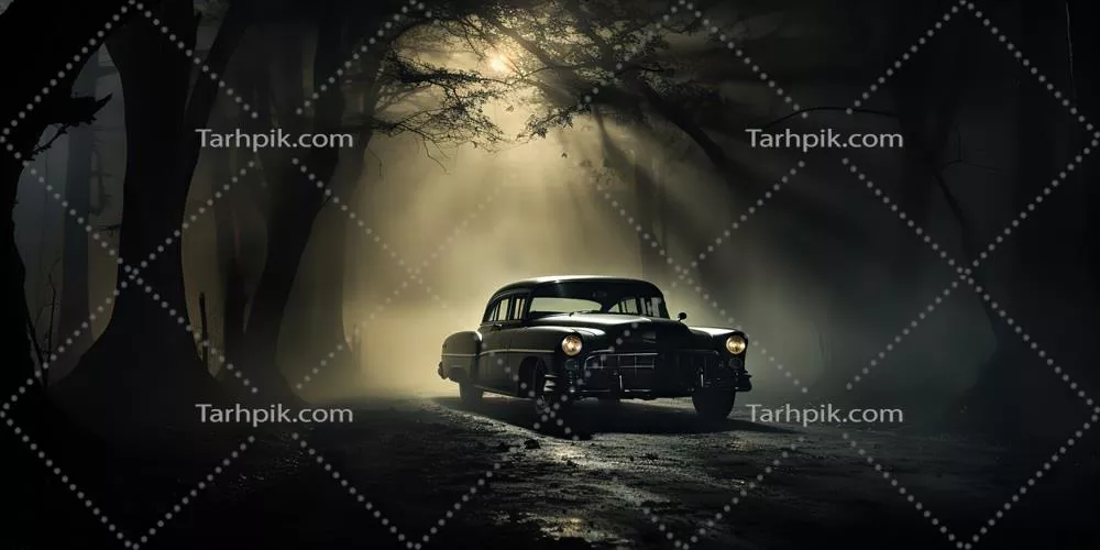 عکس خودروی کلاسیک و قدیمی در جاده ای مه آلود و مرموز در دل جنگل