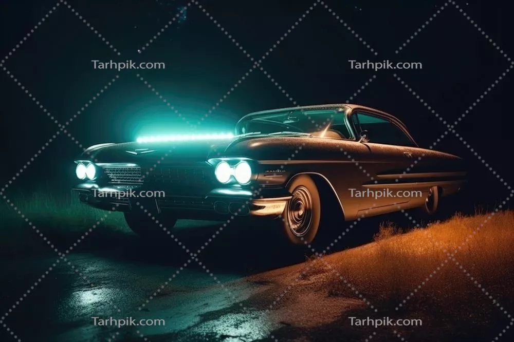 عکس خودروی کلاسیک و قدیمی با نورپردازی زیبا در شب