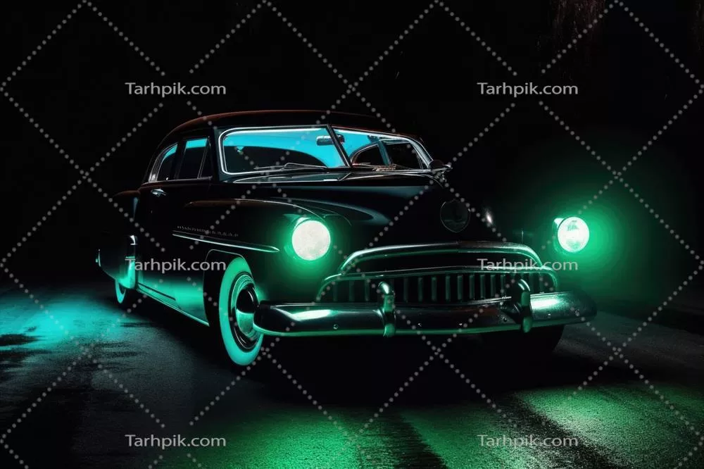 عکس خودروی کلاسیک و قدیمی با نورپردازی زیبا در شب