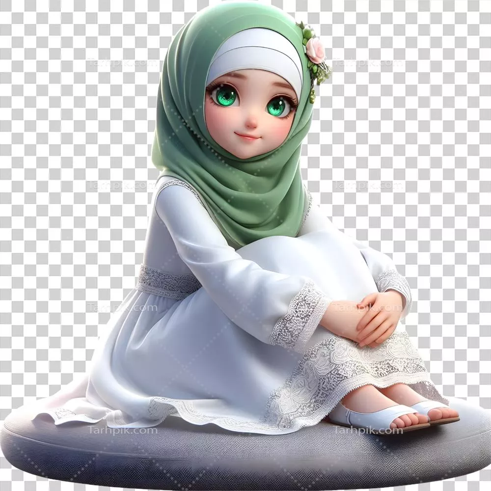 عکس دوربری دختر مسلمان 3D با کمر بند سفید و حجاب سبز در پس زمینه شفاف