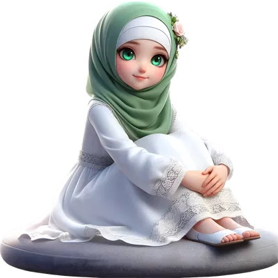عکس دوربری دختر مسلمان 3D با کمر بند سفید و حجاب سبز در پس زمینه شفاف