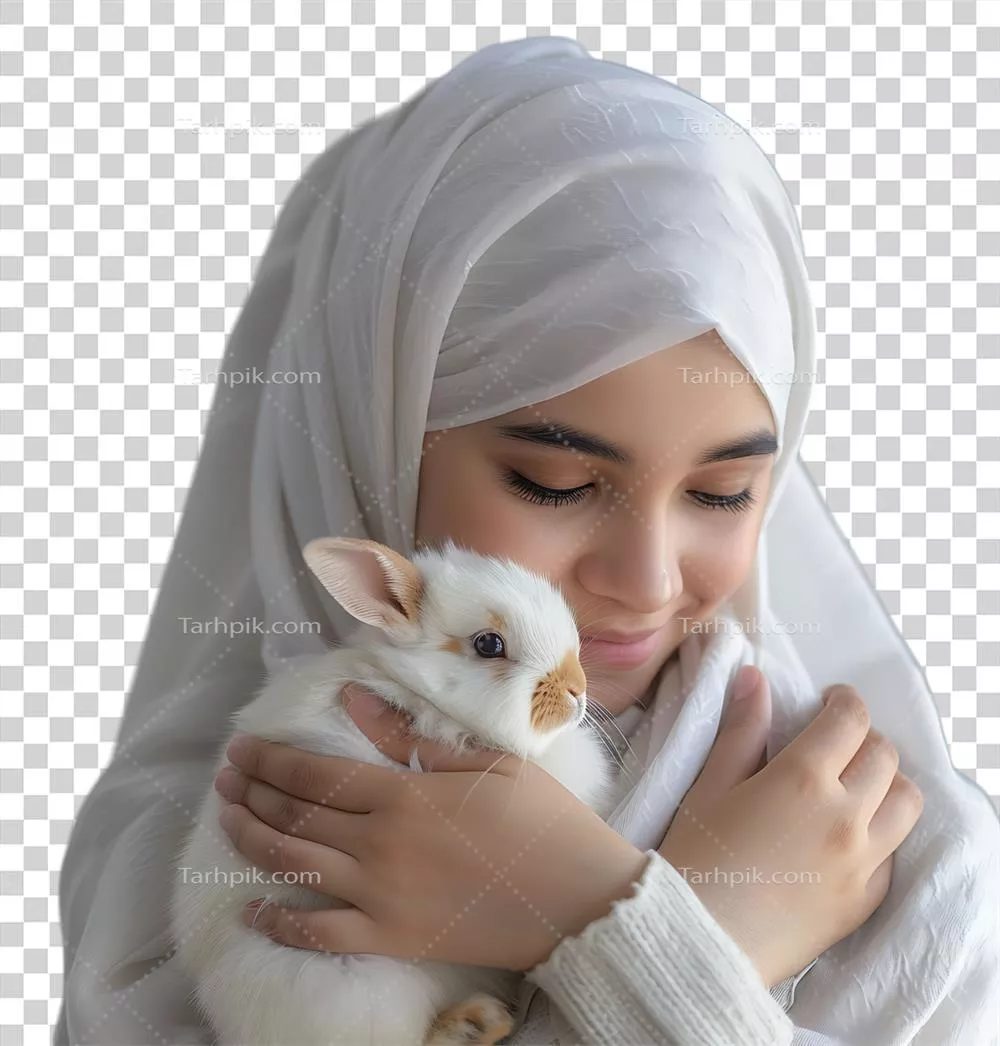 عکس دوربری دختر مسلمان در حال نگه داشتن یک خرگوش بر روی پس زمینه شفاف