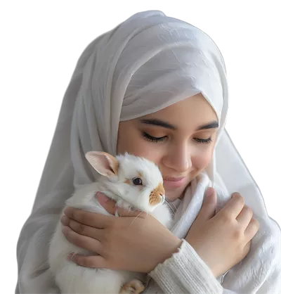 عکس دوربری دختر مسلمان در حال نگه داشتن یک خرگوش بر روی پس زمینه شفاف