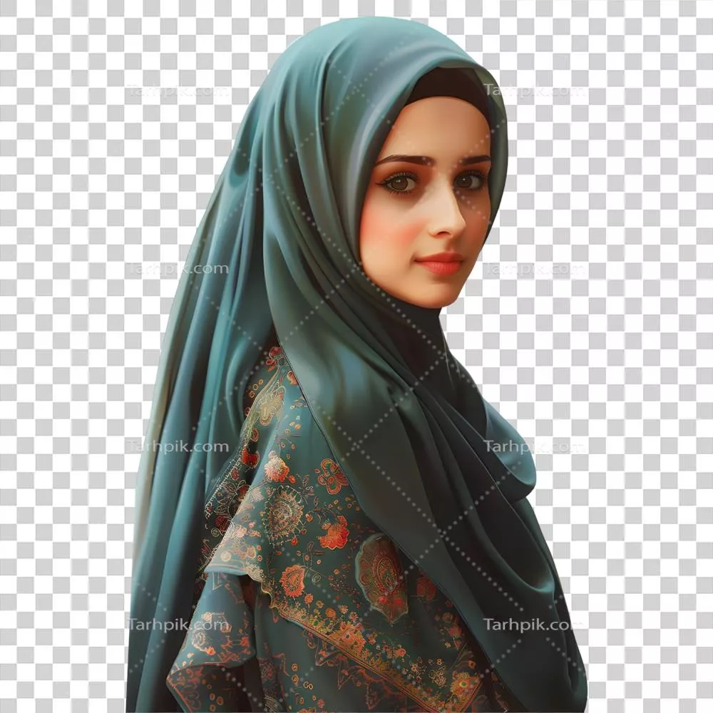 عکس دوربری تصویری زیبا از یک دختر مسلمان با حجاب در پس زمینه شفاف