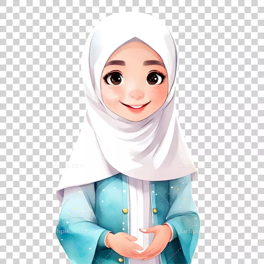 عکس دوربری پرتره نیمه بدن دختر بچه مسلمان با حجاب در حال لبخند زدن