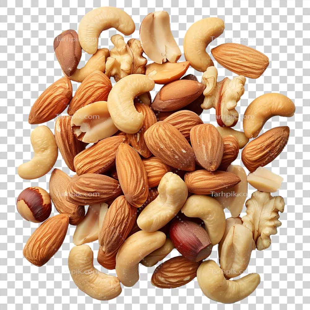 عکس دوربری مخلوطی از آجیل های شور شامل بادام، فندق و گردو