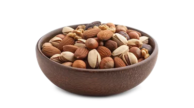 عکس دوربری مخلوطی از بادام، پسته و فندق در یک کاسه شفاف و زیبا