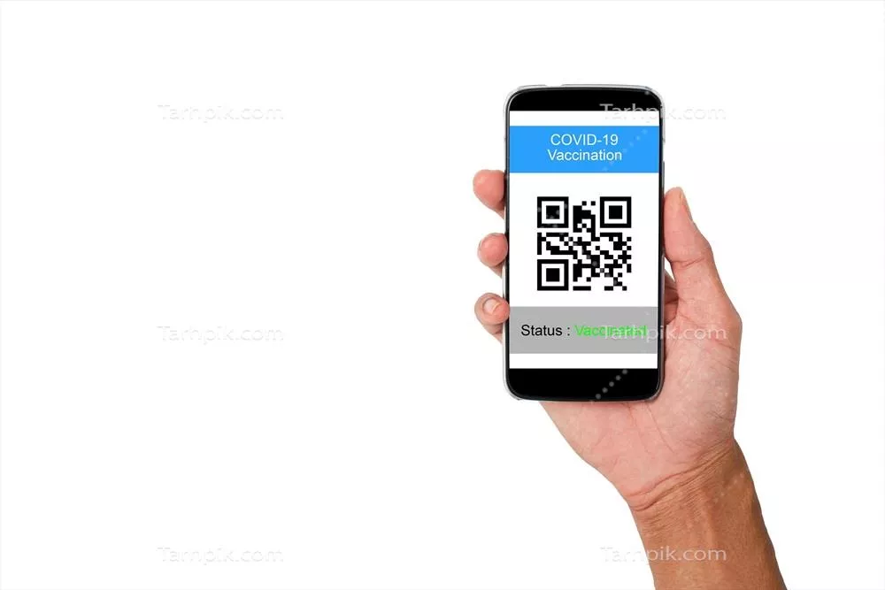 عکس نشان دادن وضعیت واکسیناسیون علیه کووید-19 با موبایل در دست