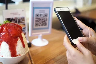 عکس استفاده از تلفن همراه برای اسکن کد QR و دریافت تخفیف در کافه بینسو