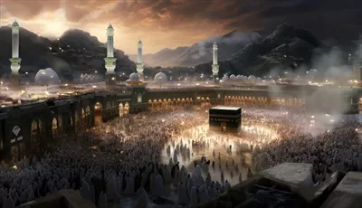 عکس نمازگزاران مسلمان در یک مکان مقدس و تاریخی در حال عبادت