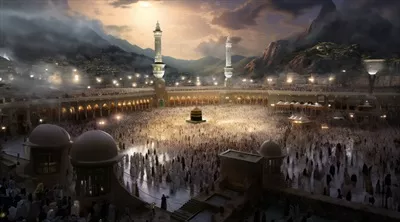 عکس نماز خواندن مسلمانان در یک مکان مقدس و تاریخی