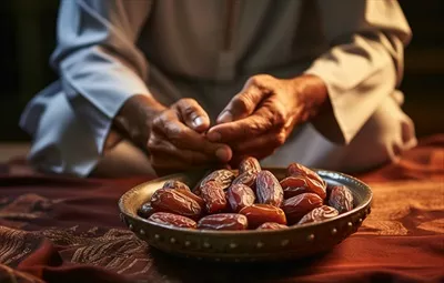 عکس مردی خاورمیانه ای در حال عبادت در ماه رمضان با خرما و آب
