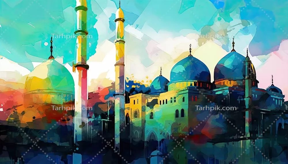 عکس طراحی کارت تبریک ولادت پیامبر با خطاطی اسلامی و رنگ های آبی و طلایی