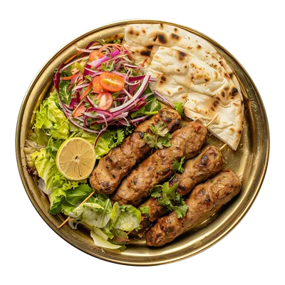 عکس دوربری سیخ کباب لذیذ با نان تازه و سالاد خوشمزه روی بشقاب
