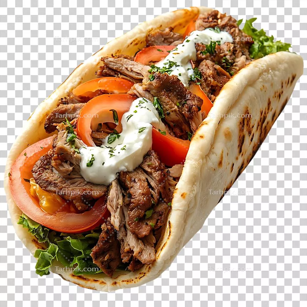 عکس دوربری غذای خوشمزه: ژیرو با گوجه فرنگی، کاهو و سس تزاتزیکی در پس زمینه شفاف