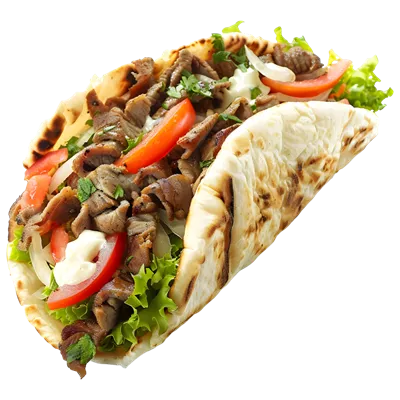 عکس دوربری تصویری زیبا از ساندویچ شاورما در نان پیتا با پس زمینه شفاف