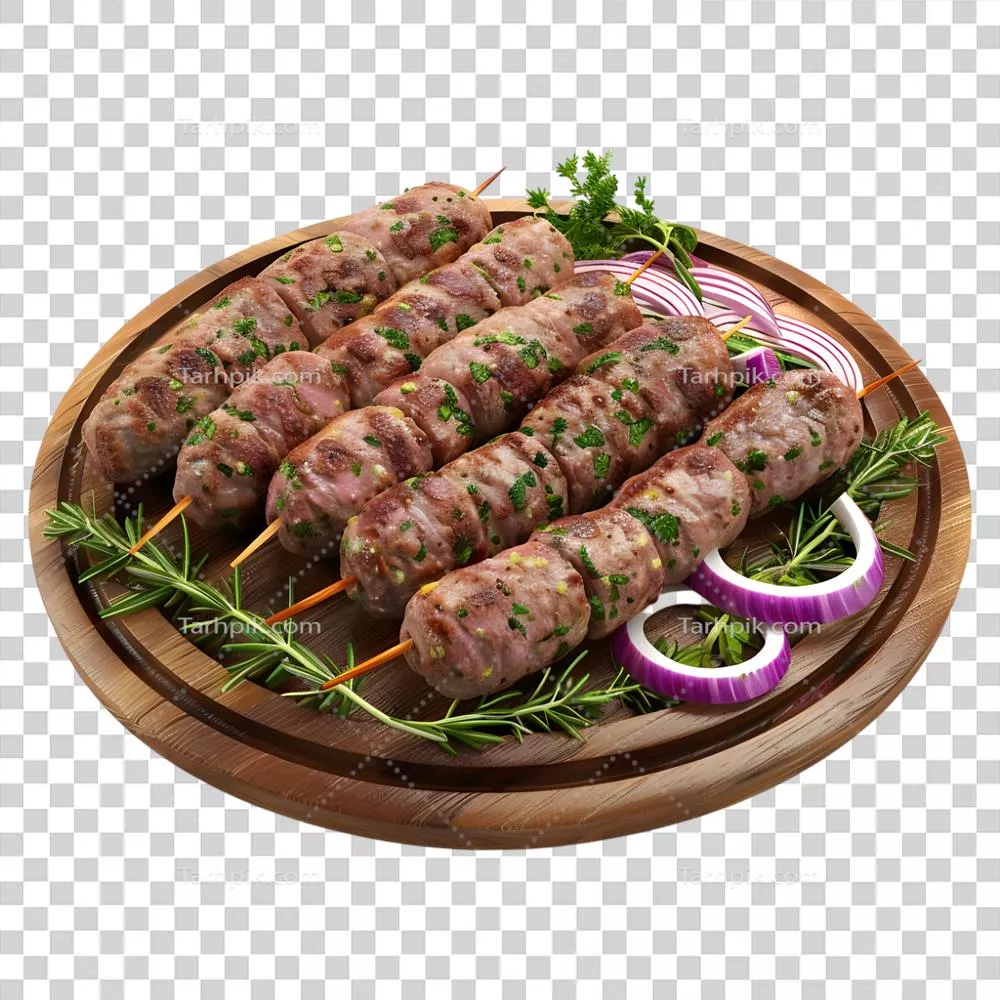 عکس دوربری تصویری زیبا از کباب گوشت بر روی صفحه چوبی با پس زمینه شفاف