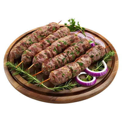 عکس دوربری تصویری زیبا از کباب گوشت بر روی صفحه چوبی با پس زمینه شفاف