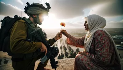 عکس زنی فلسطینی که با گل صلح به سرباز اسرائیلی پیشنهاد دوستی می دهد