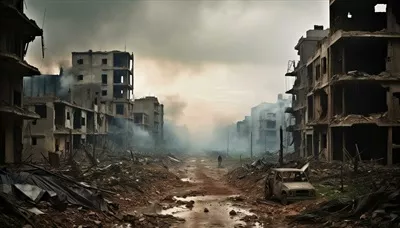 عکس تصویری از یک ساختمان ویران شده در یک محیط آلوده و سوخته
