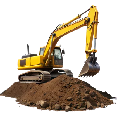 عکس دوربری بیل مکانیکی زرد سنگین در حال حفاری بر روی تپه ای بزرگ در محل ساخت و ساز