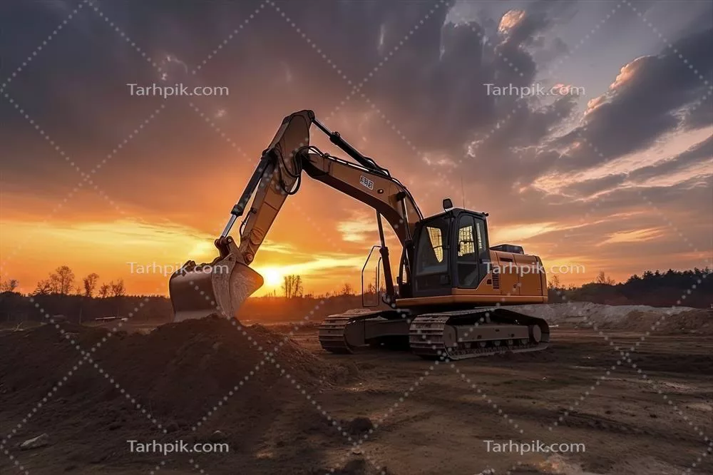 عکس ماشین آلات سنگین در حال کار در یک سایت ساختمانی در غروب آفتاب