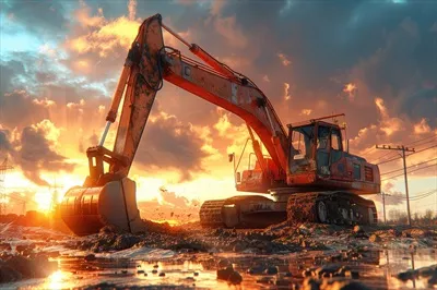 عکس تصویری از یک بیل مکانیکی در حال حفاری خاک در یک پروژه ساختمانی