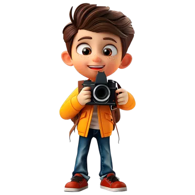 عکس دوربری تصویر سه بعدی کارتونی از پسر مسافر با دوربین DSLR در دست
