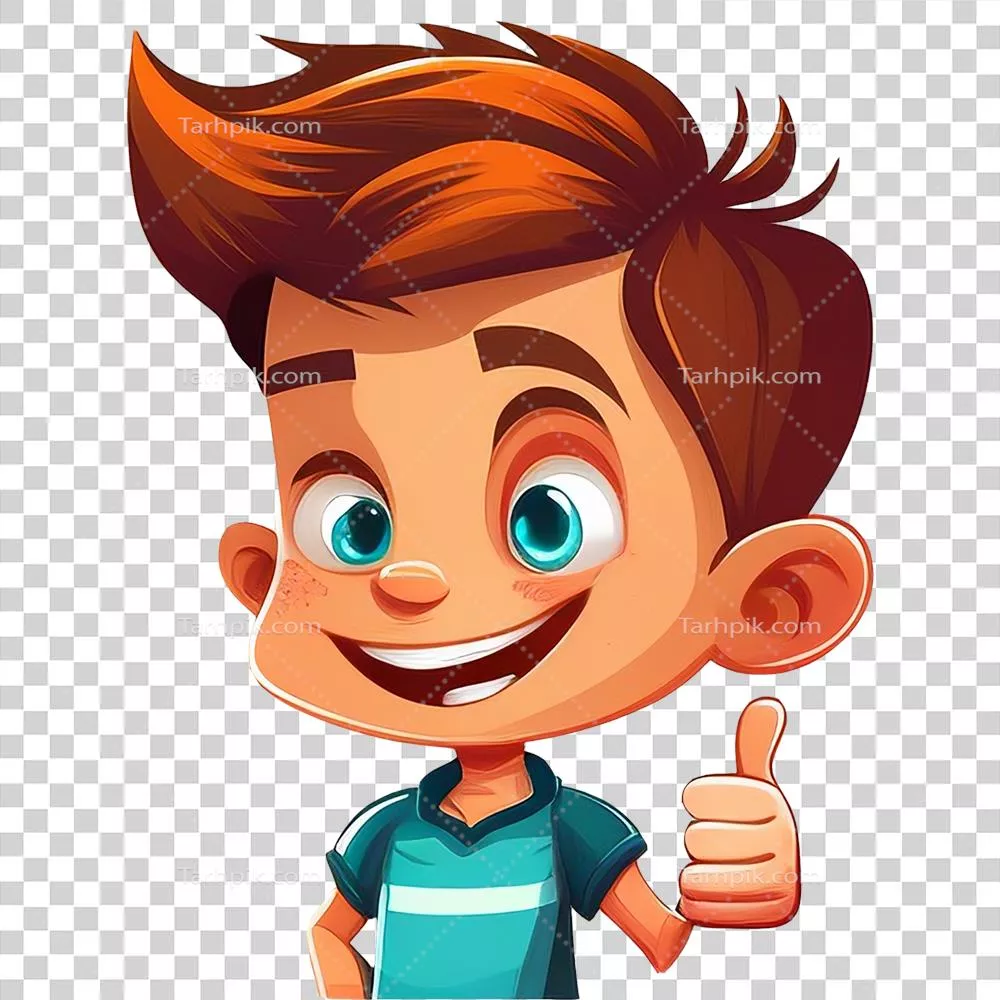 عکس دوربری شخصیت کارتونی پسر کوچک با علامت تایید و لبخند دلنشین