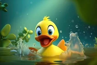 عکس جوجه اردک کارتونی سه بعدی در حال آب تنی و بازی در برکه