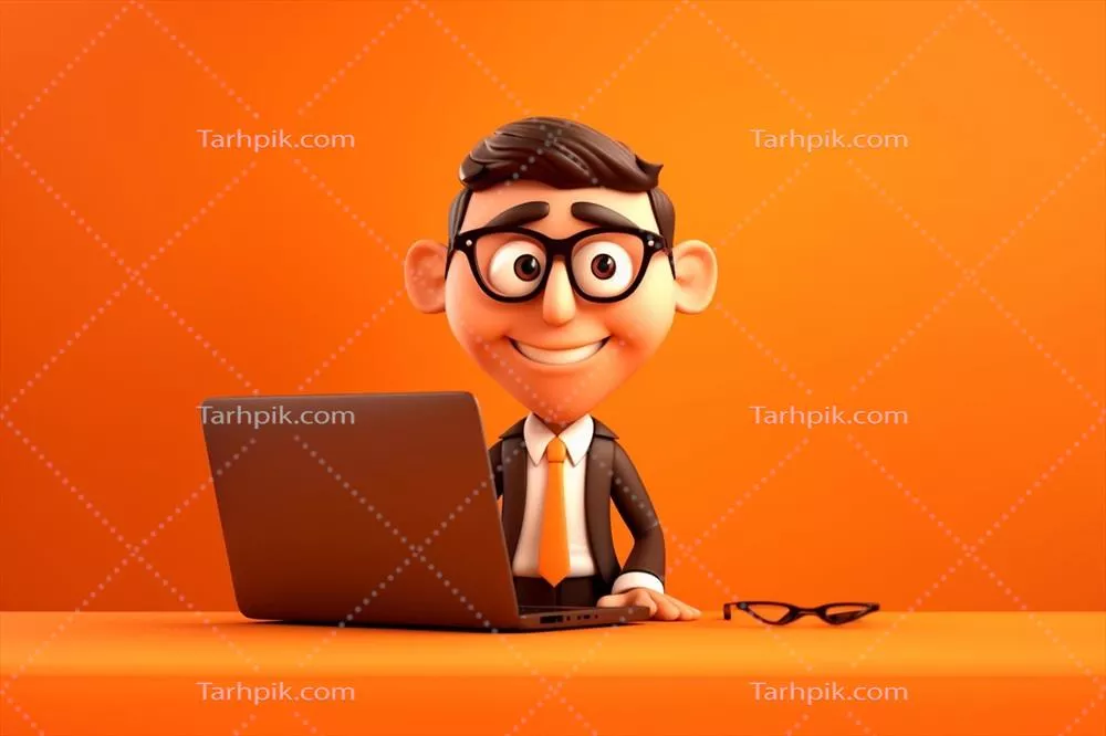 عکس تصویری سه بعدی از یک شخصیت کارتونی در حال کار با لپ تاپ بر روی پس زمینه نارنجی