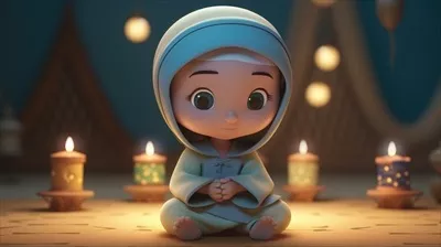 عکس شخصیت کودک مسلمان با سبک دیزنی و چراغ های روشن در پس زمینه عید مبارک