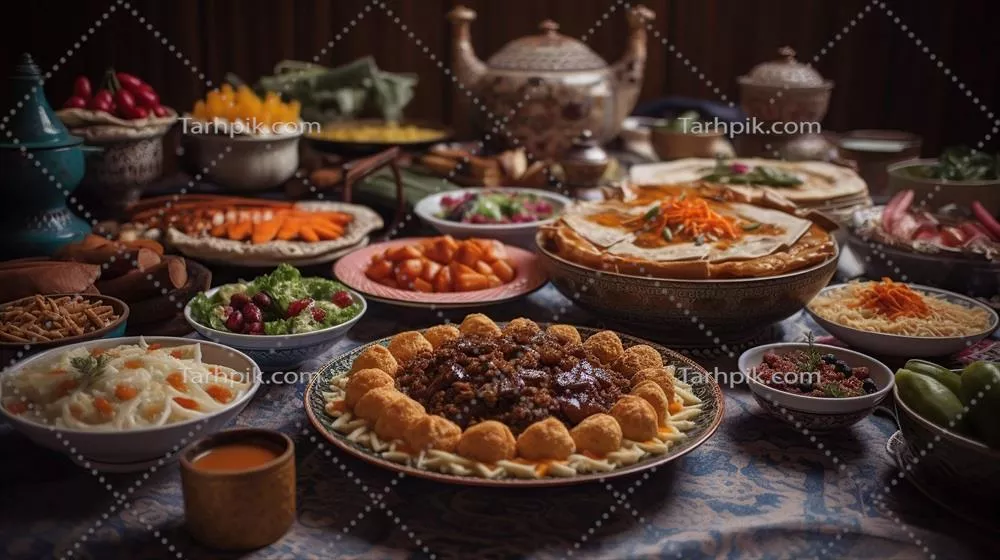 عکس غذاهای سنتی شرقی بر روی میز در جشن عید فطر و عید قربان