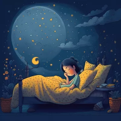 عکس دختری در خواب در زیر آسمان آبی با ماه روشن و ستاره ها به صورت کارتونی